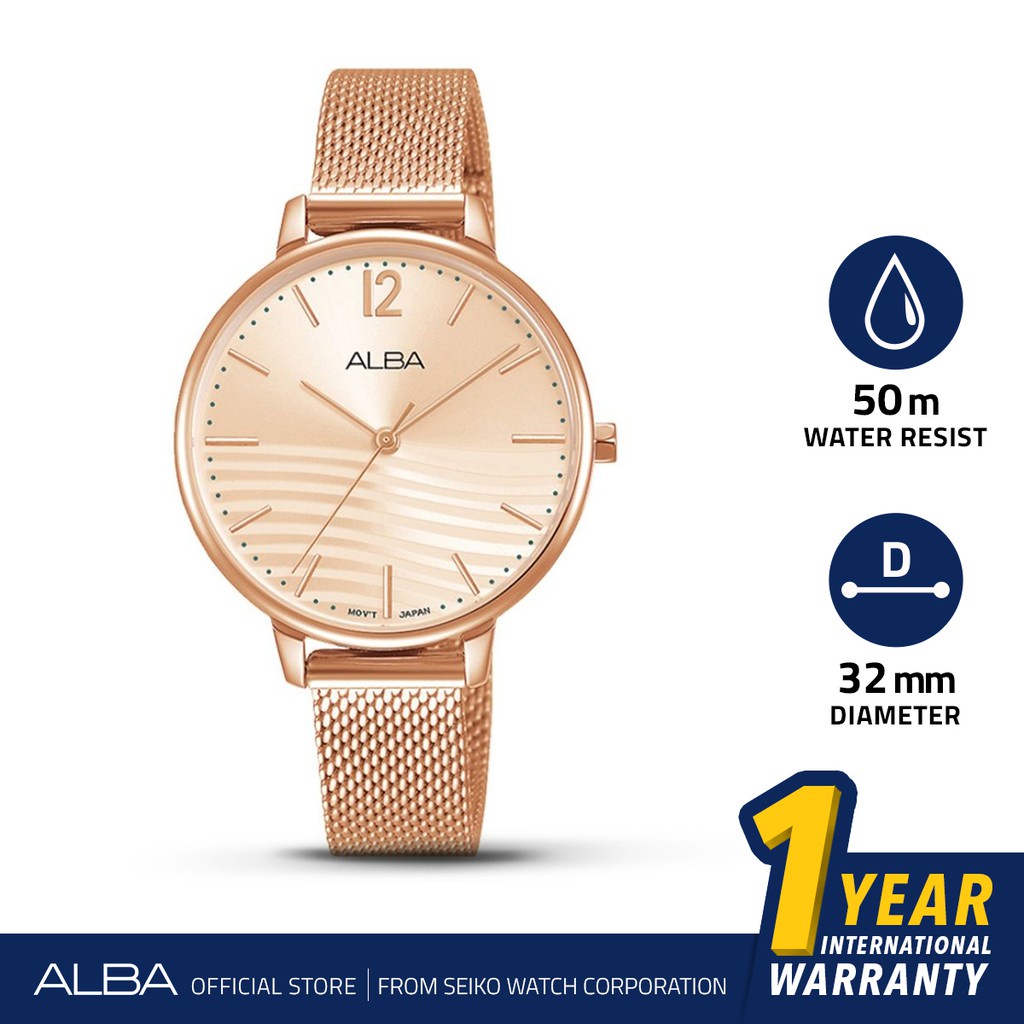 Jam Tangan Wanita Alba Fashion Quartz Stainless Steel Light Pink Gold Pattern Dial AH8720 Original