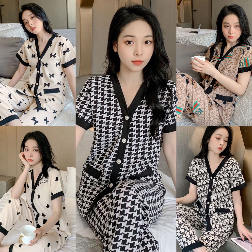 Piyama Wanita Dewasa Model Kancing Depan Mewah Lengan Pendek Celana Panjang Import High Quality Sleepwear