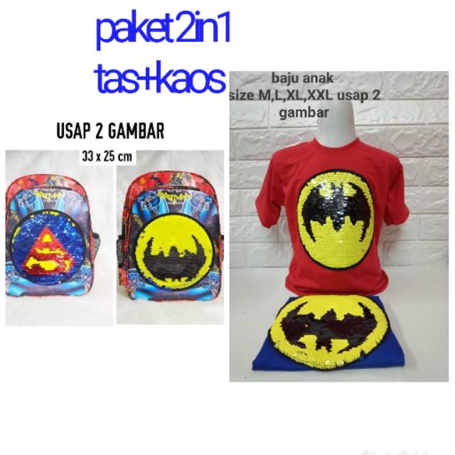 2in1tas anak kapten marvel ,spiderman,batman ,superman free kaos /tas anak sequen berubah gambar