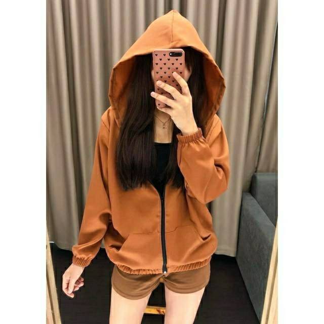 Jaket sweater hoodie wanita kain moscrepe hangat resleting depan