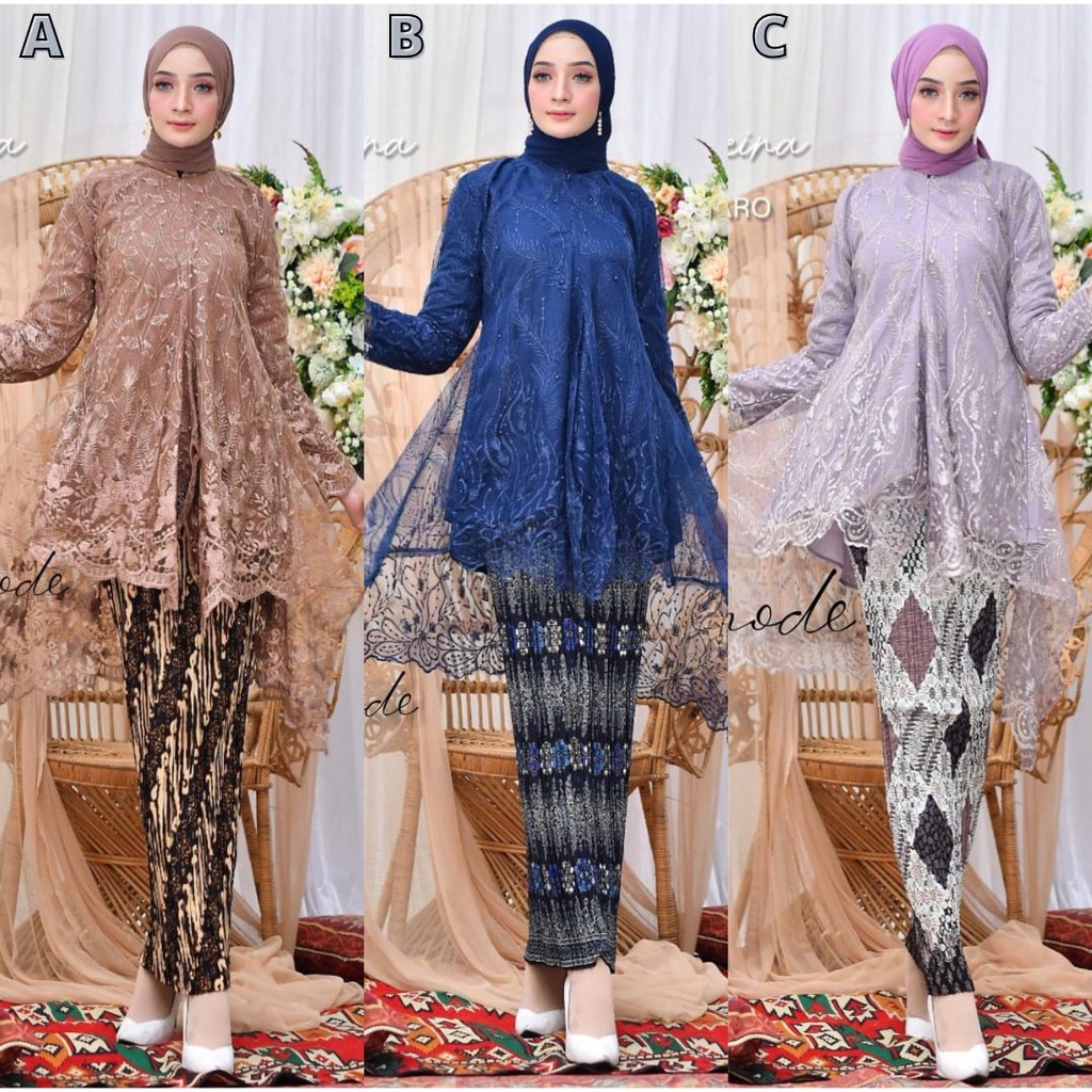 SETELAN KEBAYA MODERN TUNIK TULLE SHEINA / JUBRAI / MAURY ROSEGOLD DAN PILIHAN WARNA LAIN