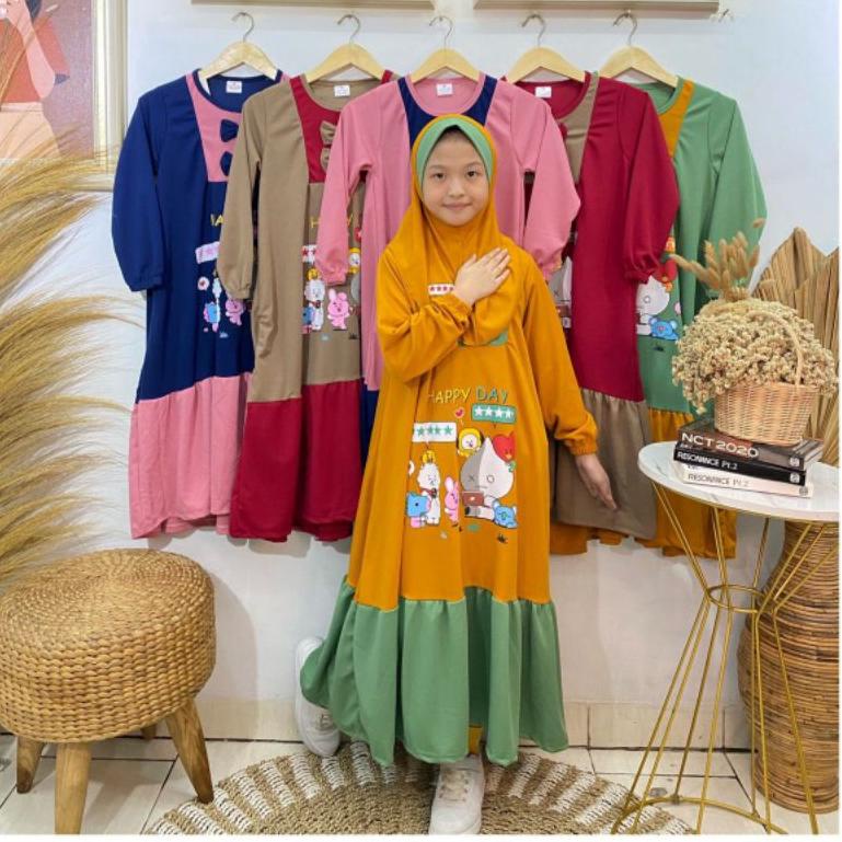 gamis anak BTS /BT21 3 4 5 6 7 8 9 tahun gamis + hijab dress anak baju muslim anak baju ngaji anak –