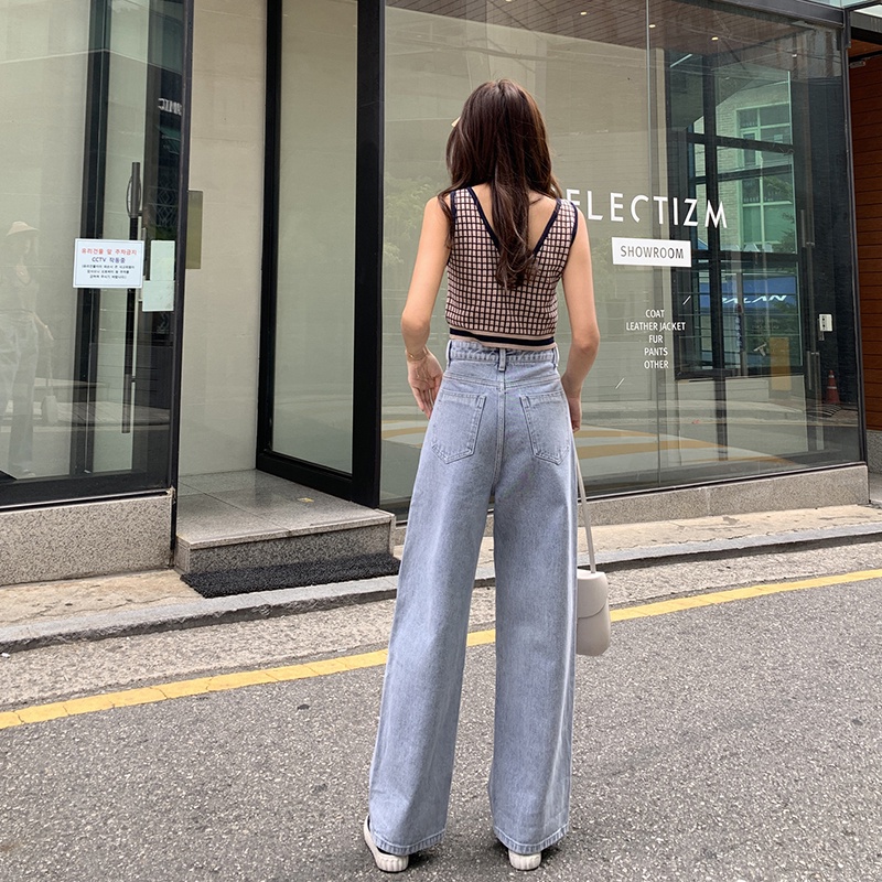 New diimpor celana panjang perempuan high-waist biru muda lurus-kaki celana jeans