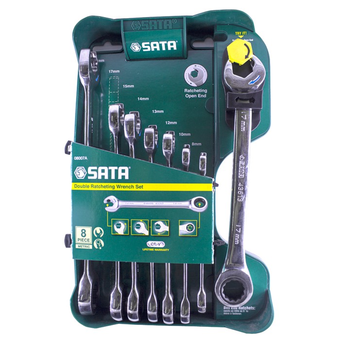 SATA 08007A Kunci Ring Pas 8 Pcs Metrik Combination Double Ratchet Wrench