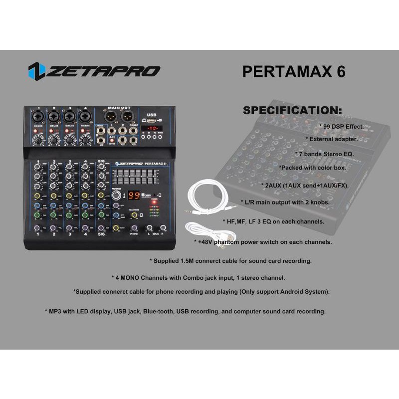 Mixer ZETAPRO PERTAMAX 6 Efek 99Dsp Bluetooth Soundcard Original