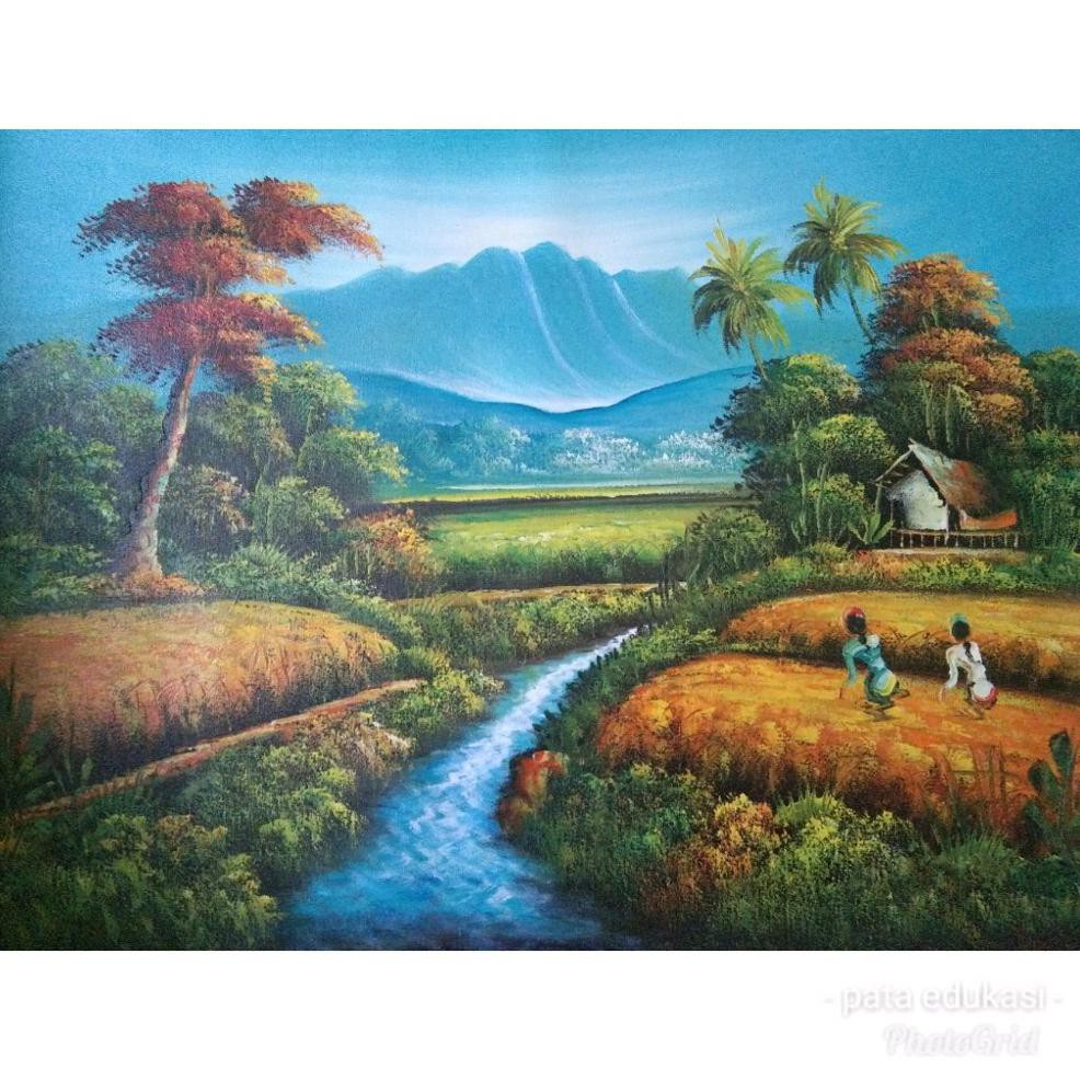 Terlaris Lukisan Pemandangan Gunung Sawah 60 X 80 Cm Stok Limit