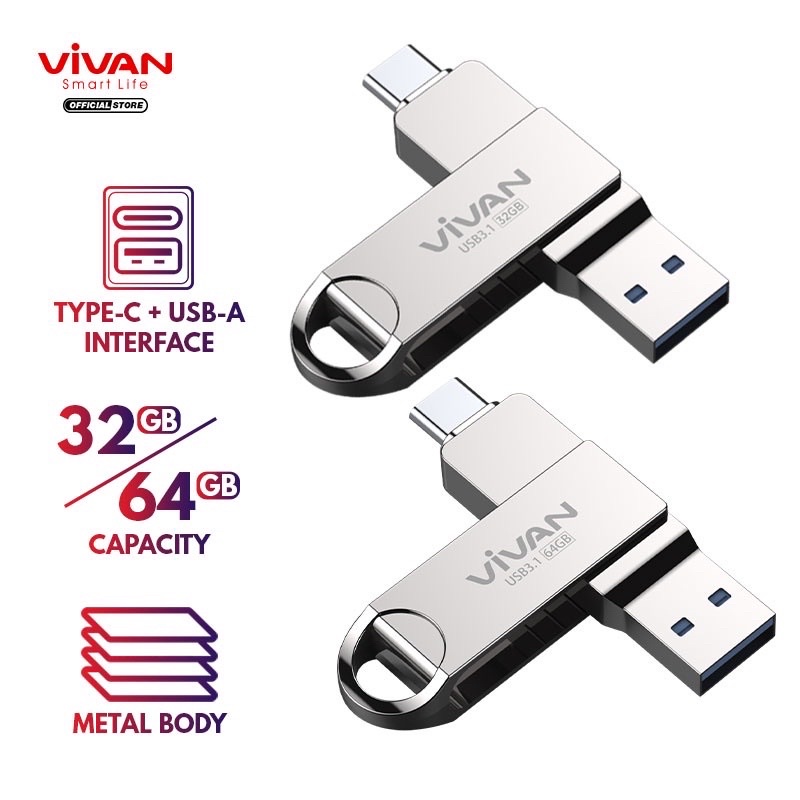 VIVAN Flashdisk OTG VOC232/VOC264 32GB 64GB VOC Dual Interface Type-C &amp; USB3.1 Metal Body Silver Garansi 1 Tahun