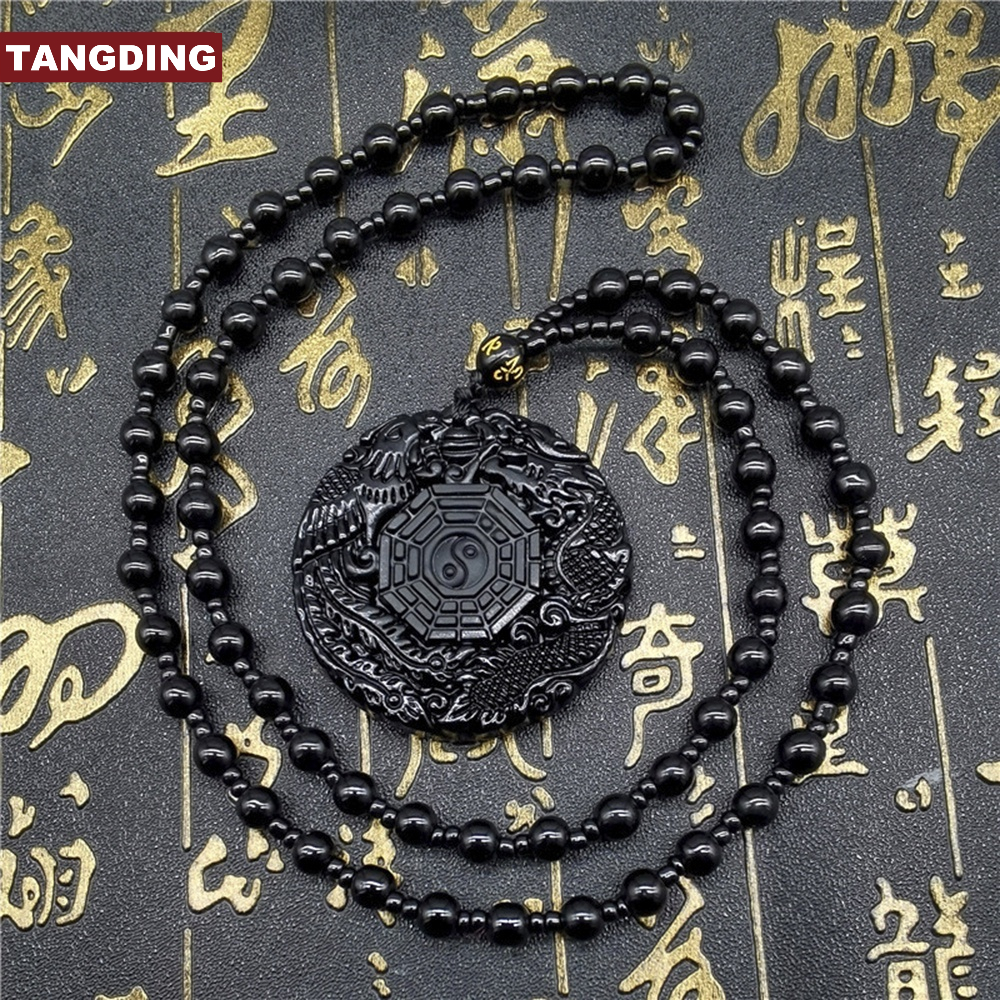 【COD Tangding】Kalung Liontin Batu Obsidian Hitam Motif Ukir Nagaphoenix Reiki Untuk Priawanita