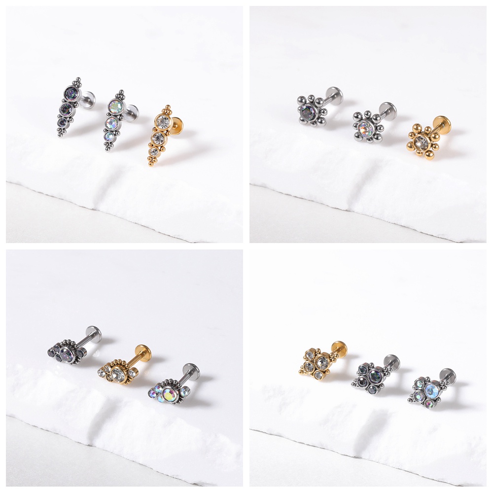 1 PC Anting Stud Tindik Bibir Telinga Bentuk Bola Keong Kristal Bahan Stainless Steel Warna Emas