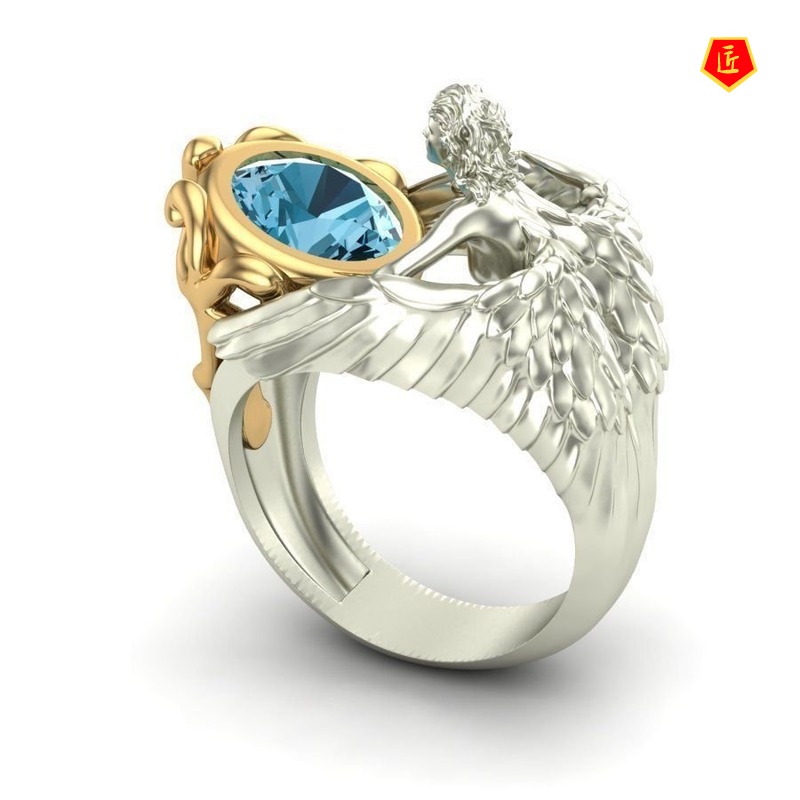 [Ready Stock]Personalized Navy Blue Topaz Angel Wings Ring