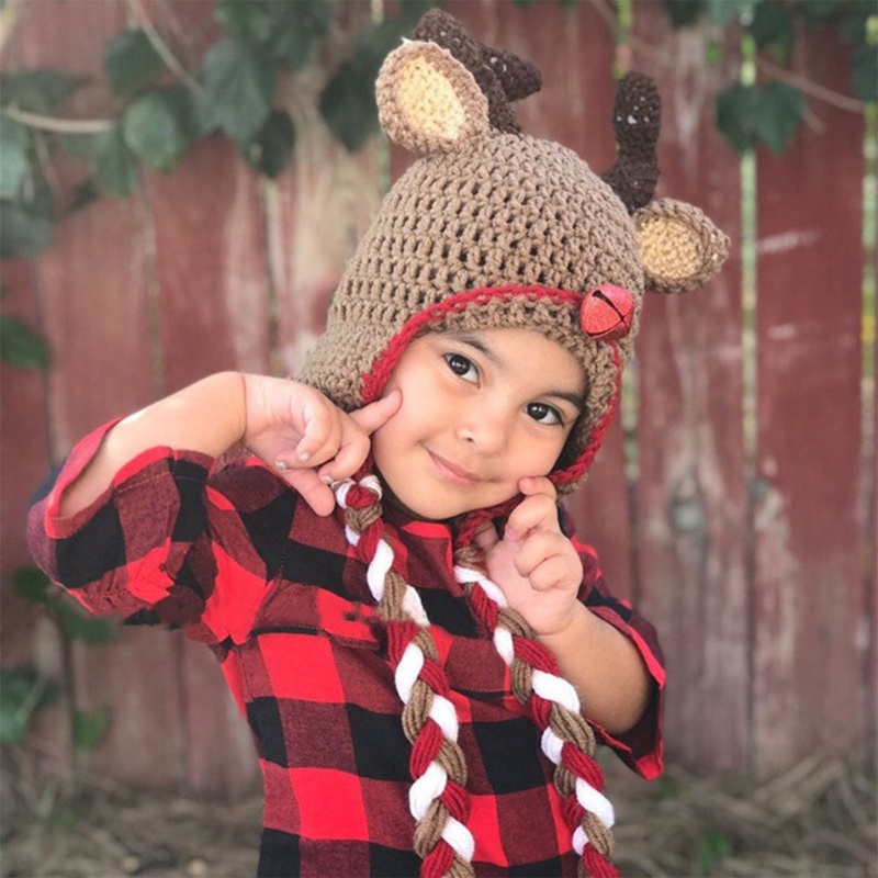 Zzz Topi Kupluk Rajut Anak Laki-Laki / Perempuan Desain Rusa Kartun Anti Angin Untuk Natal / Outdoor