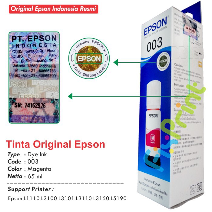 Tinta Refill Botol Epson 003 65ml Original Ink Bottle Printer L1110 L3100 L3101 L3110 L3150 L5190