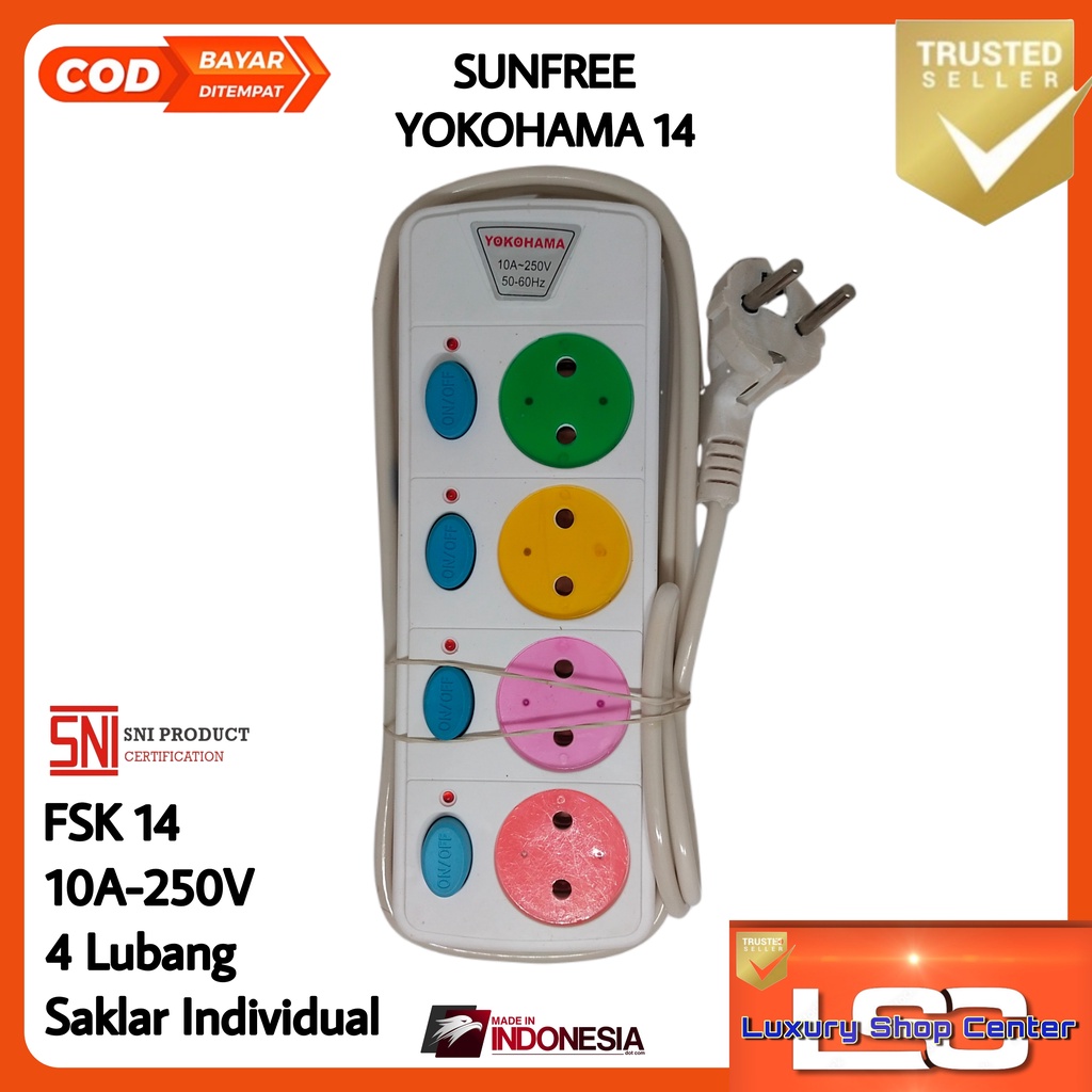 Stop Kontak saklar SUNFREE YOKOHAMA 13,14,15 Stop kontak 3, 4, 5 lubang + saklar individual, kabel colokan 1.8meter Ber-SNI