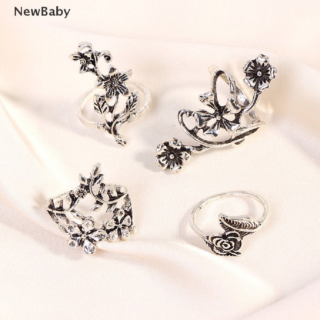 4pcs / Set Cincin Silver Antik Bohemia Desain Bunga Mawar Untuk Wanita