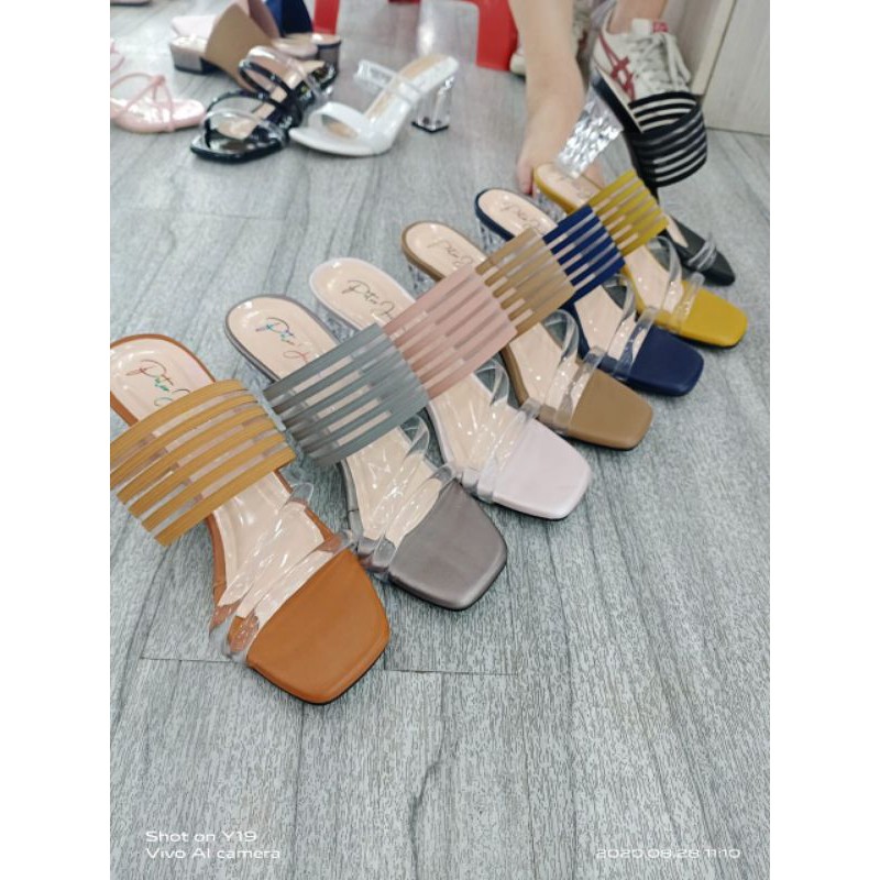 PETER JACKSON Sandal Wanita High Heels Hak Kaca 7cm Tali Keceh Kombinasi Jelly