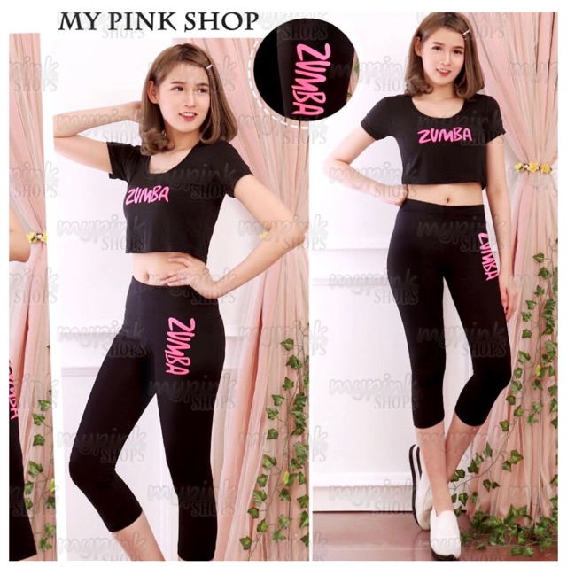 Stelan Baju Senam Zumba Crop Simple HitamPink