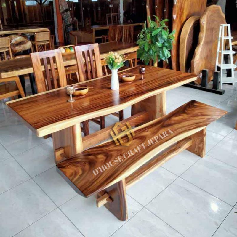 Set Meja Kursi Makan Utuh Kayu Trembesi Panjang 180cm