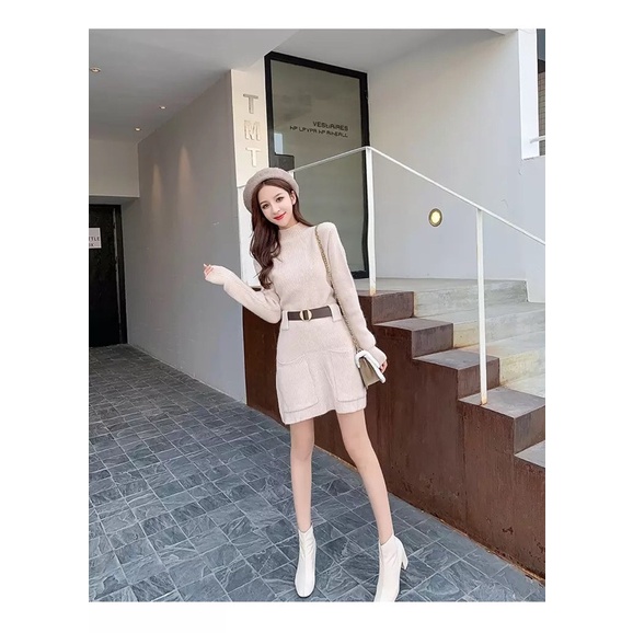 Sweater Dress Rajut Wanita dengan belt Knit Dress