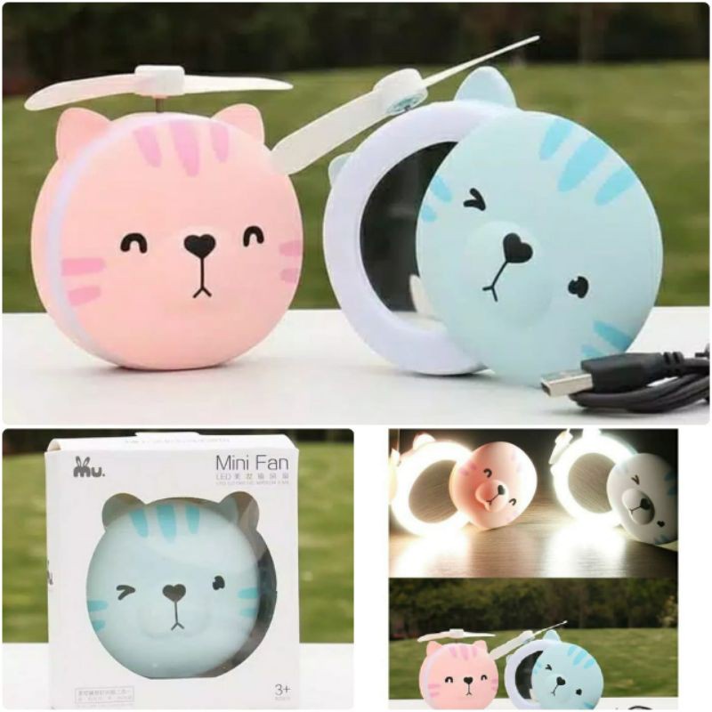 [COD] MIAO Kipas Angin Mini Portable 3in1 Cermin Rias Mini + Kipas + Lampu USB dengan Karakter Lucu l Biru &amp; Pink