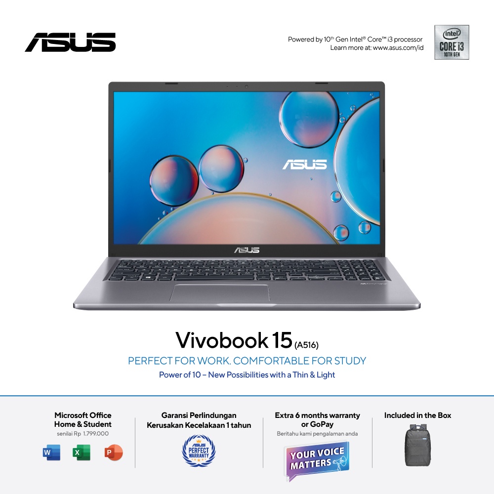 ASUS A516JA HD3121 Ci3 1005G1 4GB 256GB 1TB HDD W10 & OHS (Slate Grey)