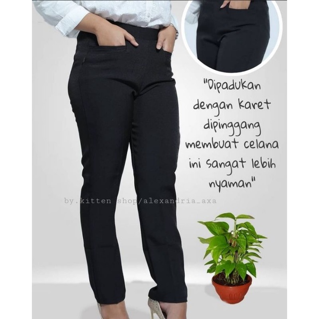 Celana Bahan Kerja Kantor Formal Wanita Pinggang Karet Highwaist Bahan Stretch Melar Ukuran S Sampai 8xl