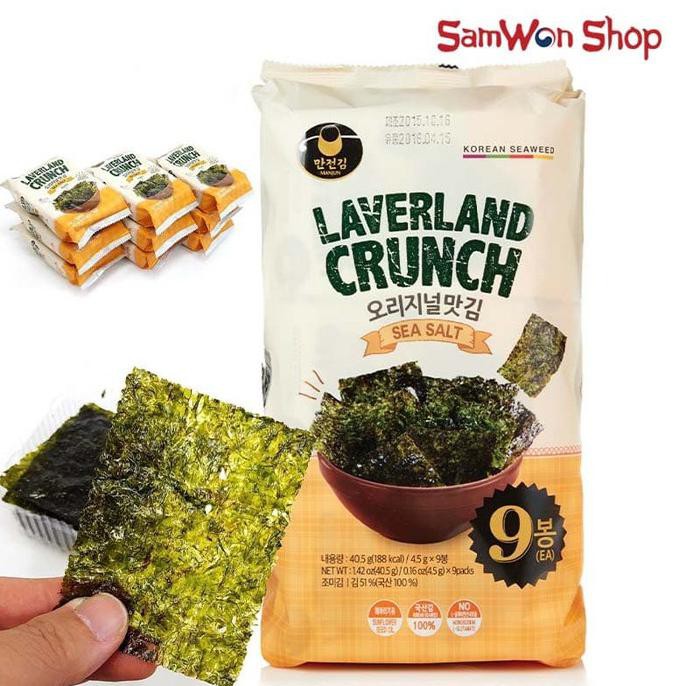 

LAVERLAND CRUNCH SEA SALT ISI 9 PACK 4.5 GRAM / SNACK SEAWEED KOREA HEMAT Kode 408