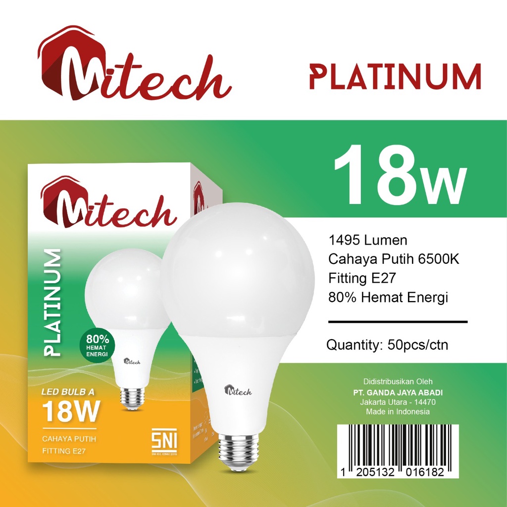 Lampu Led MiTech Platinum A Bulb 18w 18Watt Bohlam Led Bergaransi 1Thn