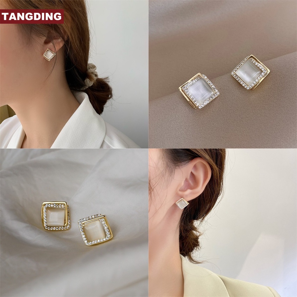 Anting Bentuk Persegi Aksen Opal Gaya Korea Untuk Wanita