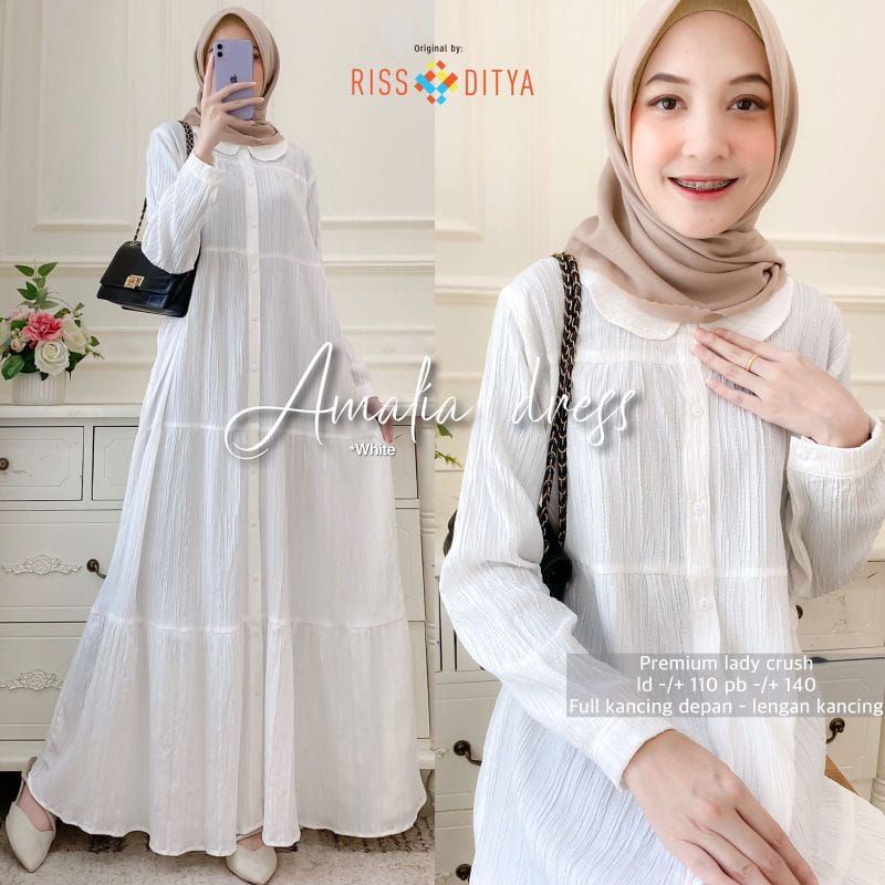 Shakila Maxy Dress Gamis Crinkle Airflow Lady Crush Premium Full Kancing-Shakila white