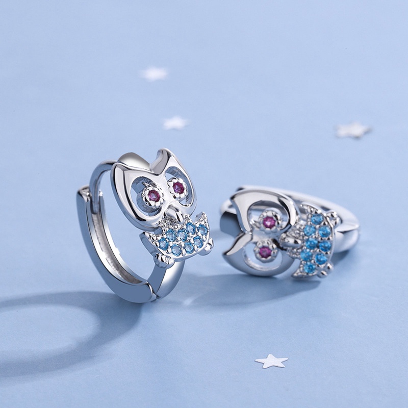 Anting Tusuk Sterling Silver 925 Desain Burung Hantu Hias Kristal Zircon Biru Untuk Wanita