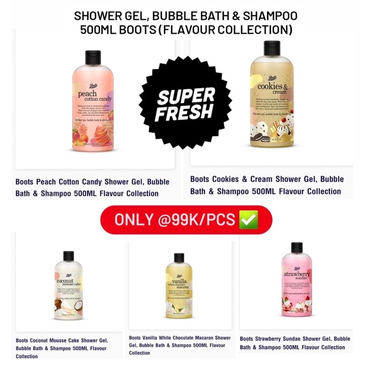 Jual SHOWER GEL, BUBBLE BATH & SHAMPOO 500ML BOOTS (Flavour Collection ...