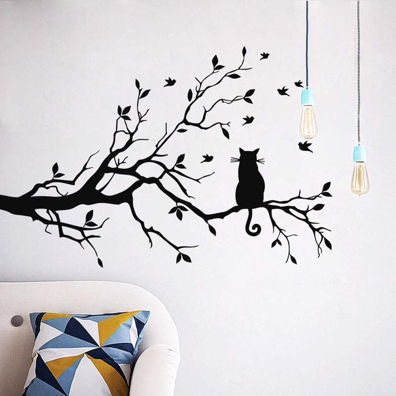 Stiker Dinding Decal Desain Cat on Branch Serba Guna, Dapat Dicopot, 58x38cm