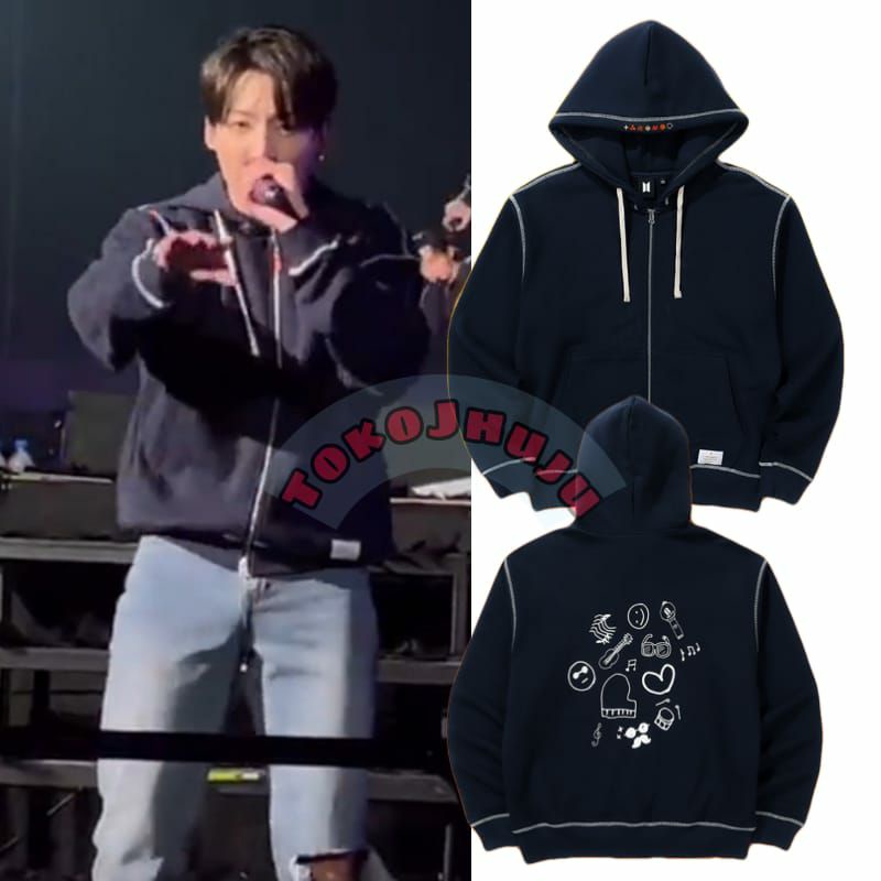 Jaket Hoodie ZIPPER BTS Jungkook style Permission To Dance in seoul LABEL BAWAH + GAMBAR BELAKANG