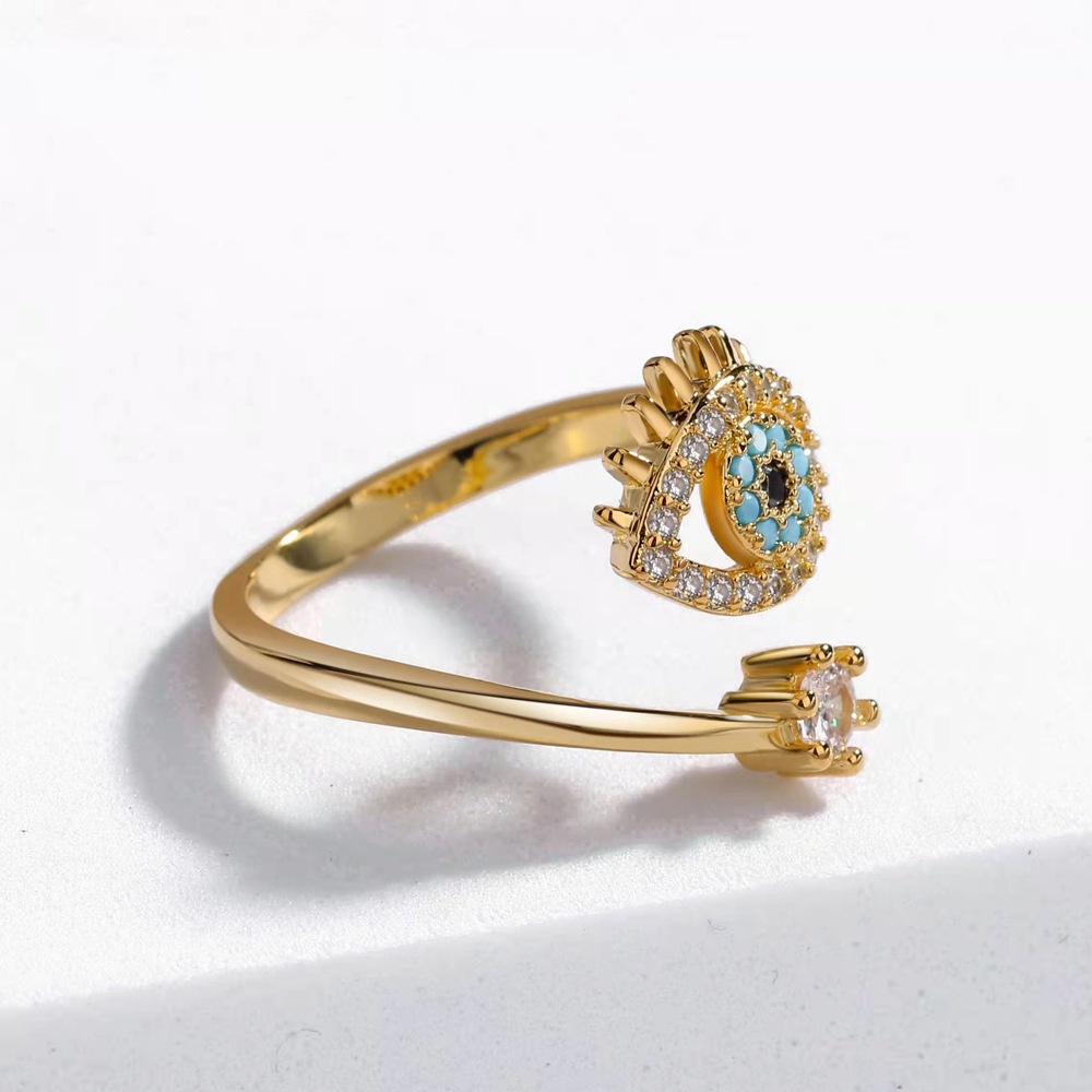 Cincin Model Terbuka Dapat Disesuaikan Desain Mata Iblis Biru Turki Bahan Cubic Zircon Untuk Wanita
