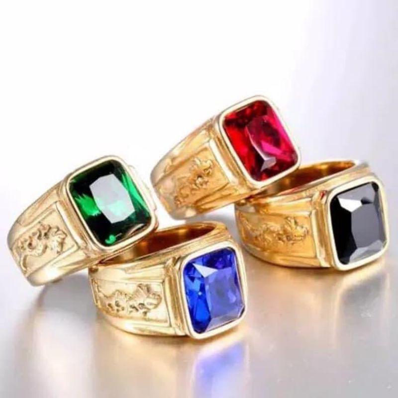 cincin emas fashion pria persegi kristal perhiasan naga hewan