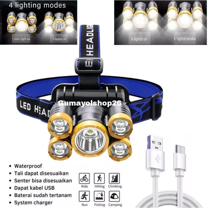 Senter Kepala 5 LED 4Mode Rechargeable USB Waterproof Anti hujan Super Terang / Head Lamp 5 Light