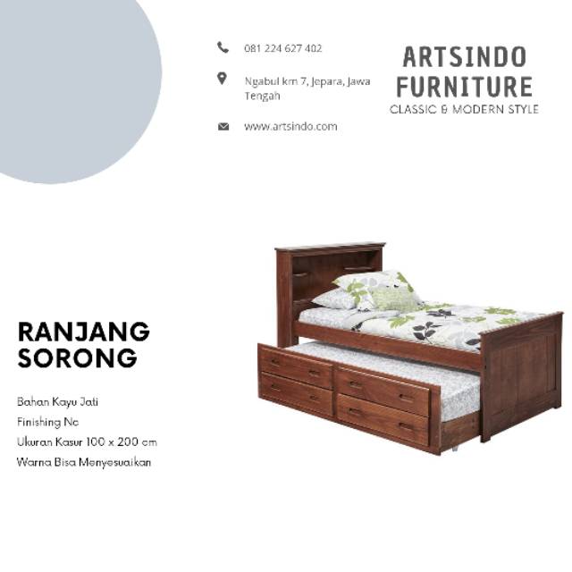 Tempat Tidur Anak Kayu Jati, Ranjang Anak Kasur Sorong Laci Rak Buku