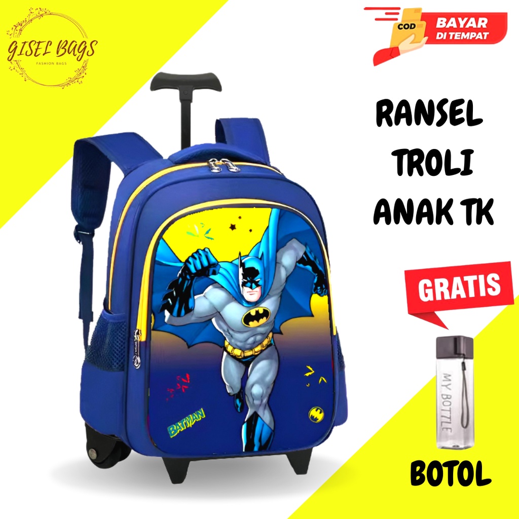 GB Tas ransel troli anak laki laki gambar timbul karakter superhero tas troli anak import