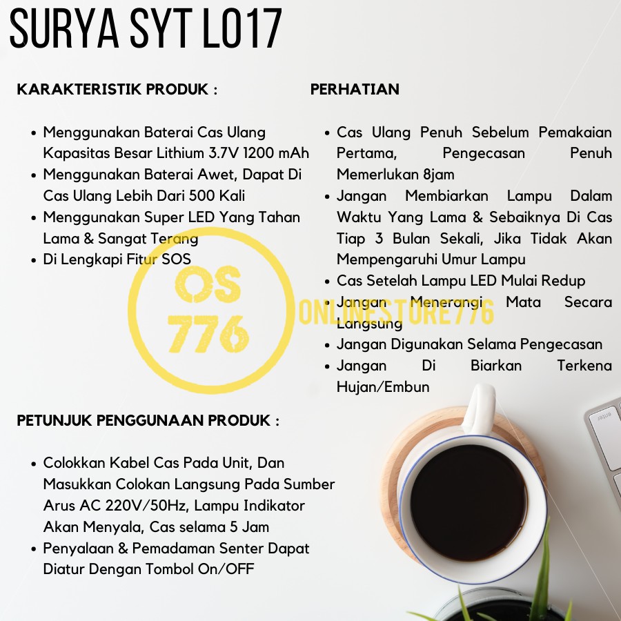 LAMPU SENTER LED SURYA SYT L017 / SENTER LED MINI SURYA SYT L017 / CAHAYA PUTIH / RECHARGEABLE
