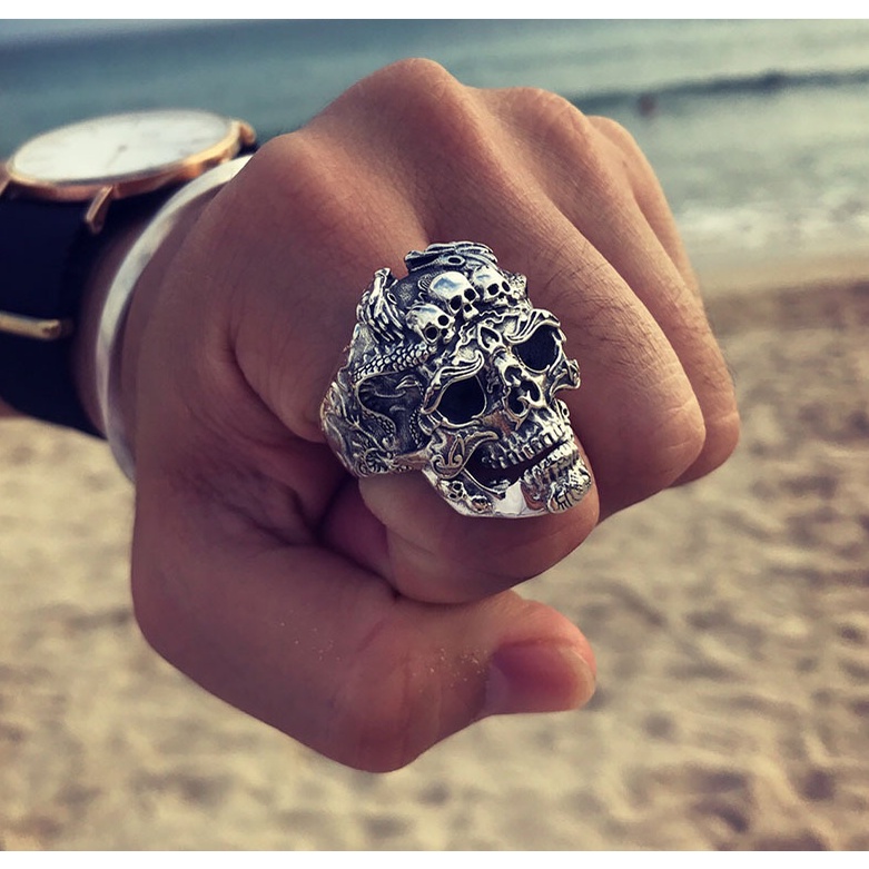 Cincin Model Kepala Naga Tengkorak Terbuka Gaya Vintage Punk Viking Hip Hop Untuk Pria