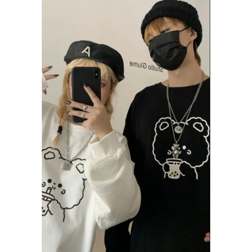 SWEATER COUPLE CREWNECK BLACK AND WHITE PUFFY SIZE M - XXL / SWEATER UNISEX TEBAL