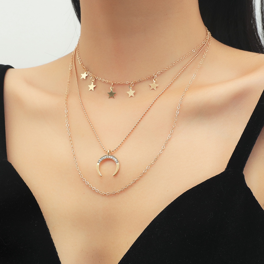 【MHANG】New Five-pointed Star Crescent Pendant Necklace Personalized Light Luxury Multi-layer Ladies Clavicle Chain Fashion Xingyue Niche Ladies Accessories