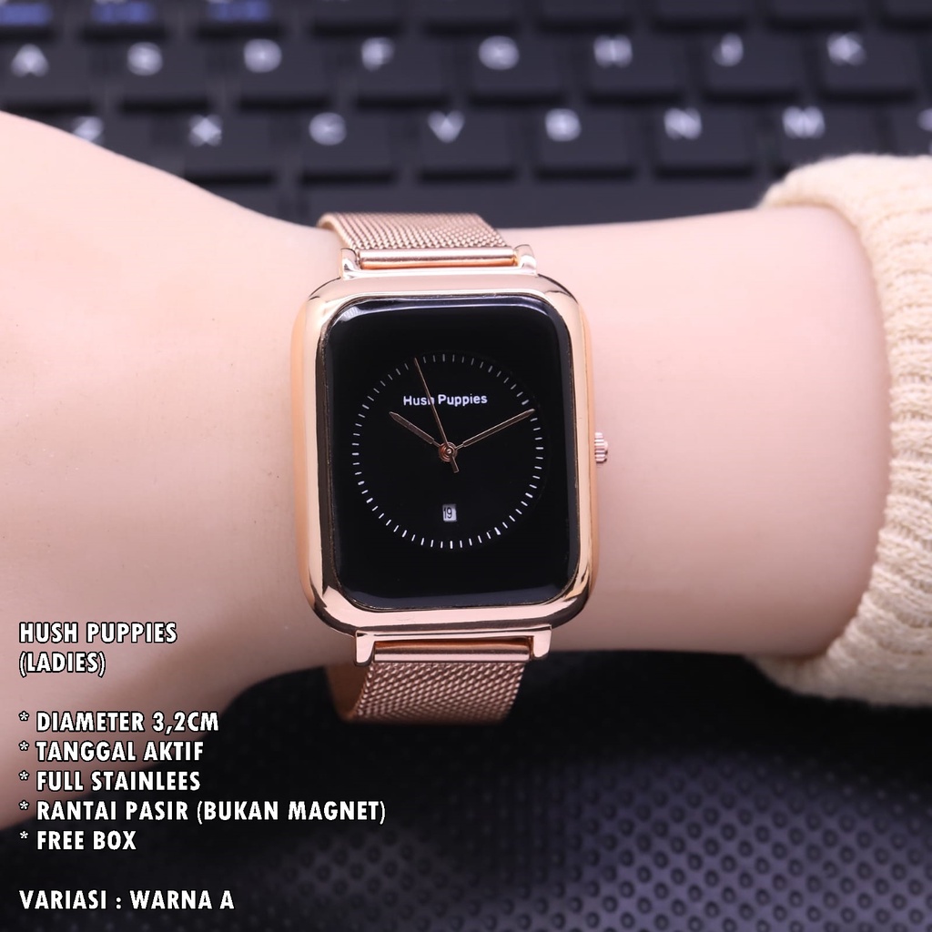 (BISA COD) JAM TANGAN WANITA HUSH PUPPIES RANTAI BODY SEGI TANGGAL AKTIF