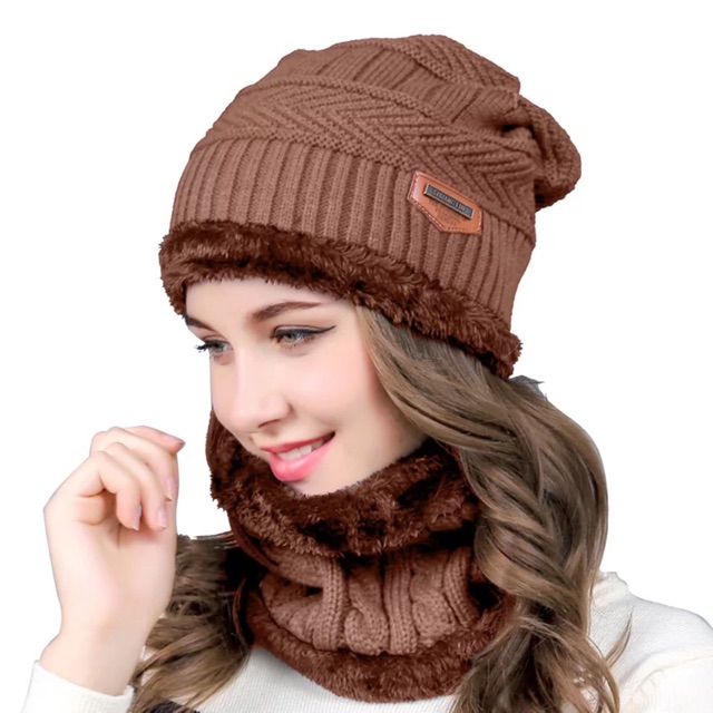 IMPORT Hat scarf baggy fur Topi Syal Bulu Set Musim Dingin Winter