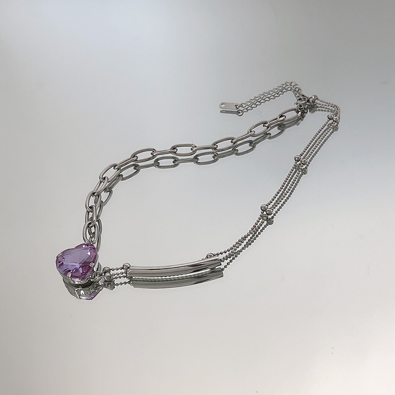 Asymmetrical Necklace Accessories Purple Heart Rhinestone Clavicle Chain Double Short