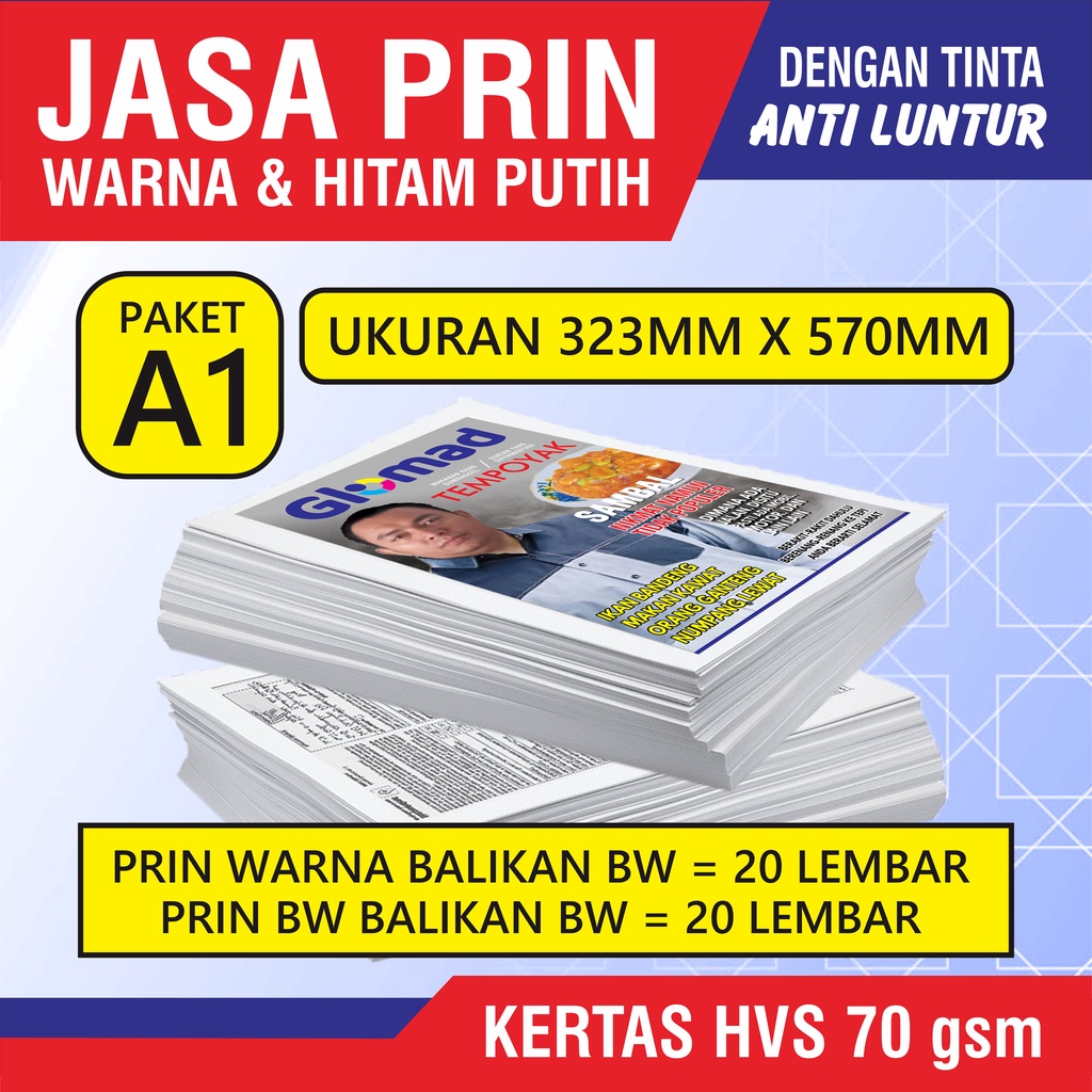 

Paket A1 | Prin 323 x 570 | HVS 70 Gram | Dua Sisi
