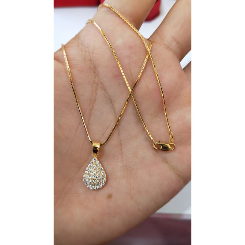 Kalung Itali + Liontin Oval Mata2, Perak 925, Sepuh Emas Kuning