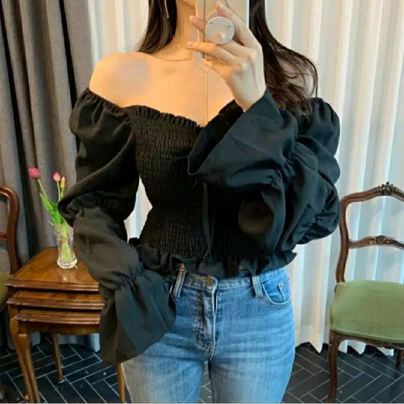 Toply shop Top sabrina full karet korea / Blouse wanita top