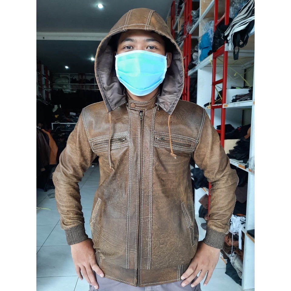 Jaket Kulit Pria Bomber Kupluk Hoody Hand made Pengrajin Kulit Garut Mewah Elegan Keren Anti Gores B