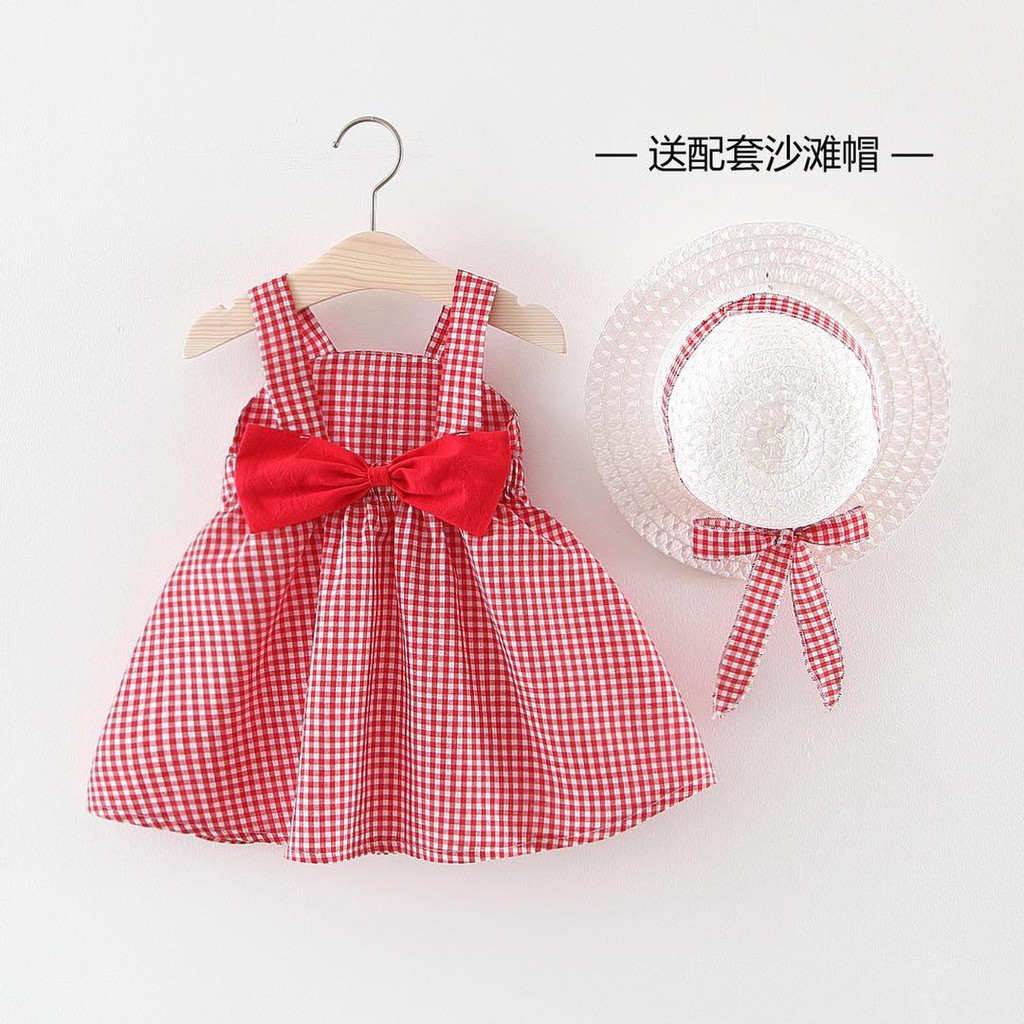 385# Dress Anak/Dress Kotak/Dress Pita/Dress Plus Topi/Dress Anak Kotak Pita Topi